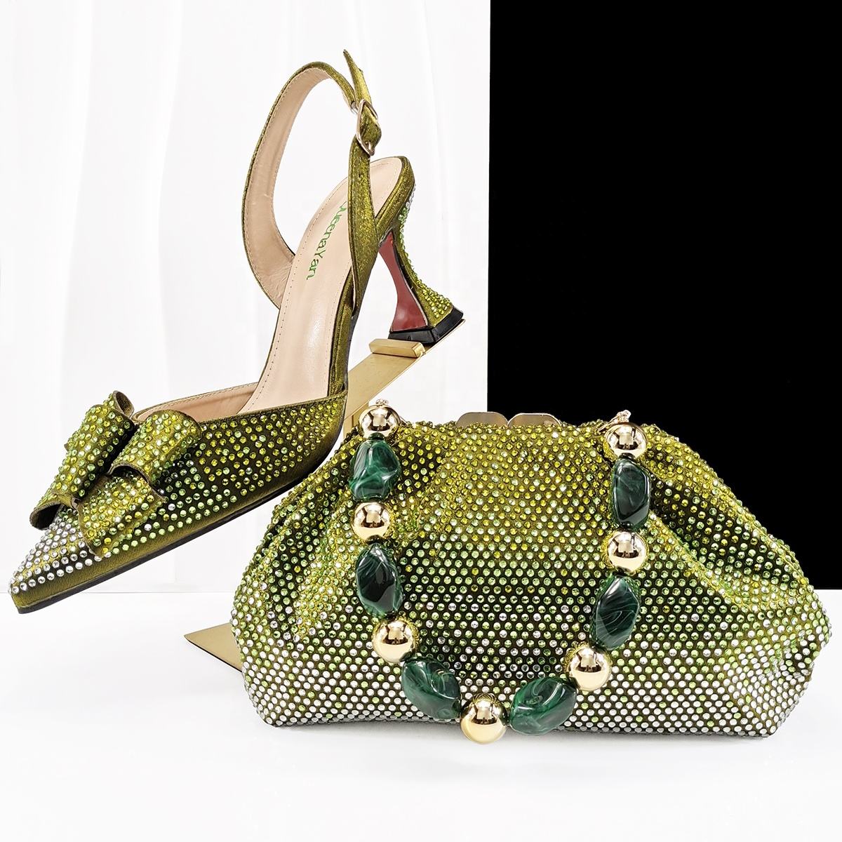 Olive green beaded handbag beside matching evening heels